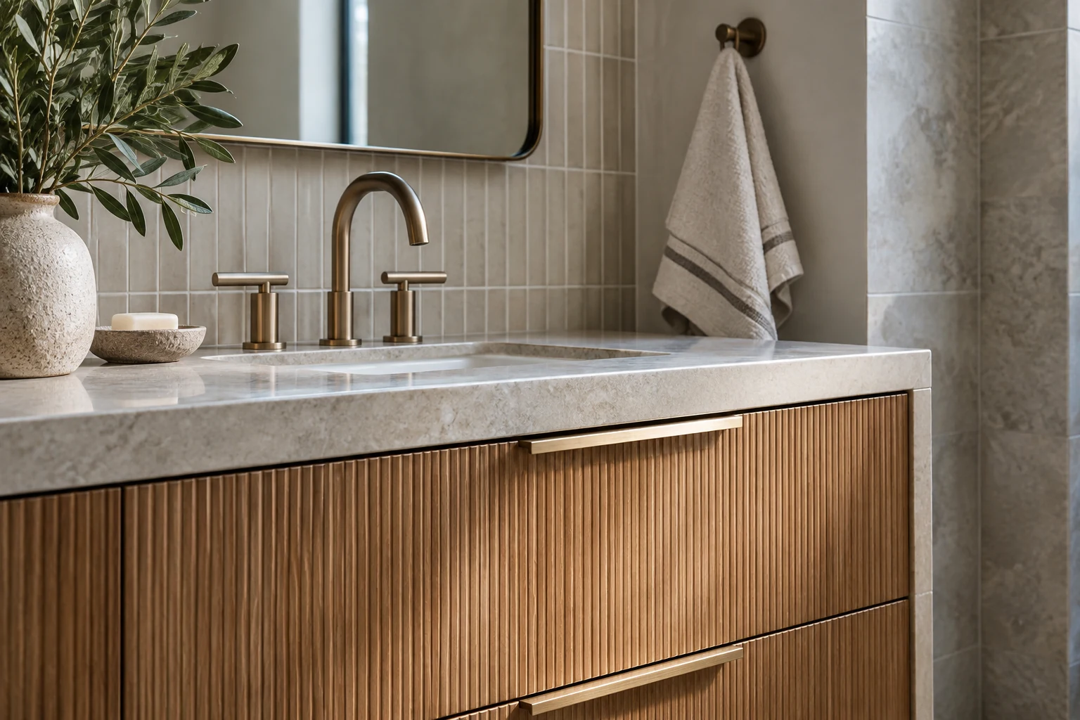 AI illustration of wood, metal, tile and linen textures for kitchen and bath design.