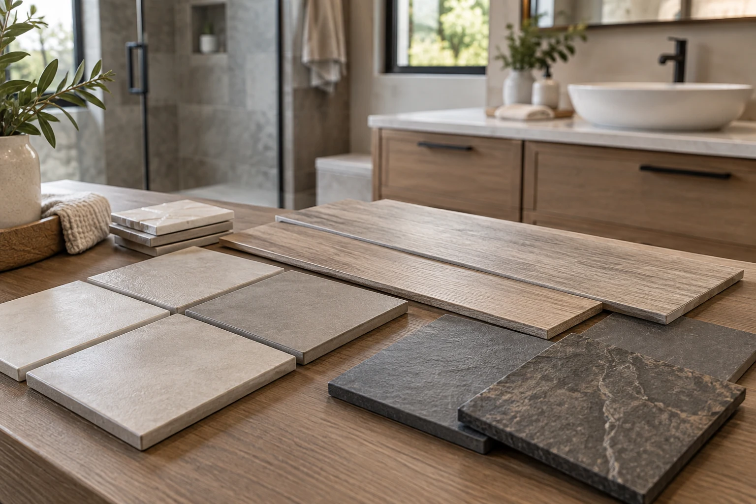 AI illustration of bathroom tile samples with different textures and shapes.