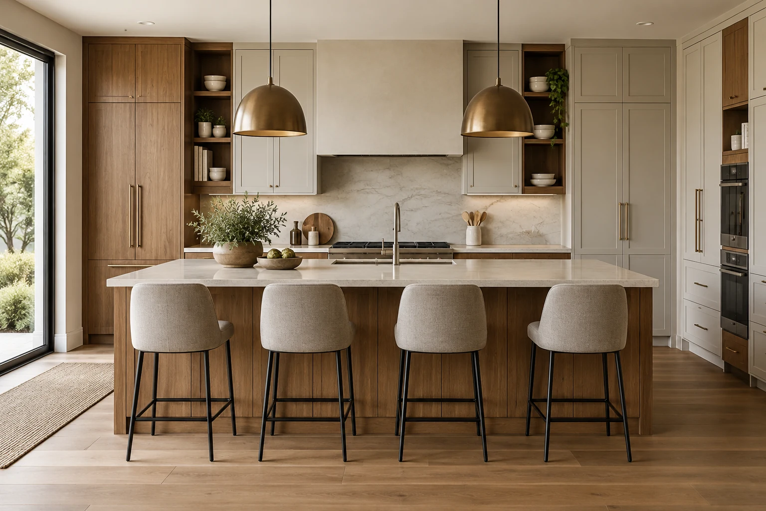 AI illustration of a kitchen with mixed cabinetry and an island seating area.