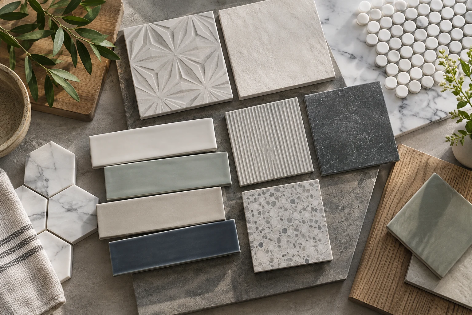 AI illustration of patterned and textured tile samples for kitchens and bathrooms.