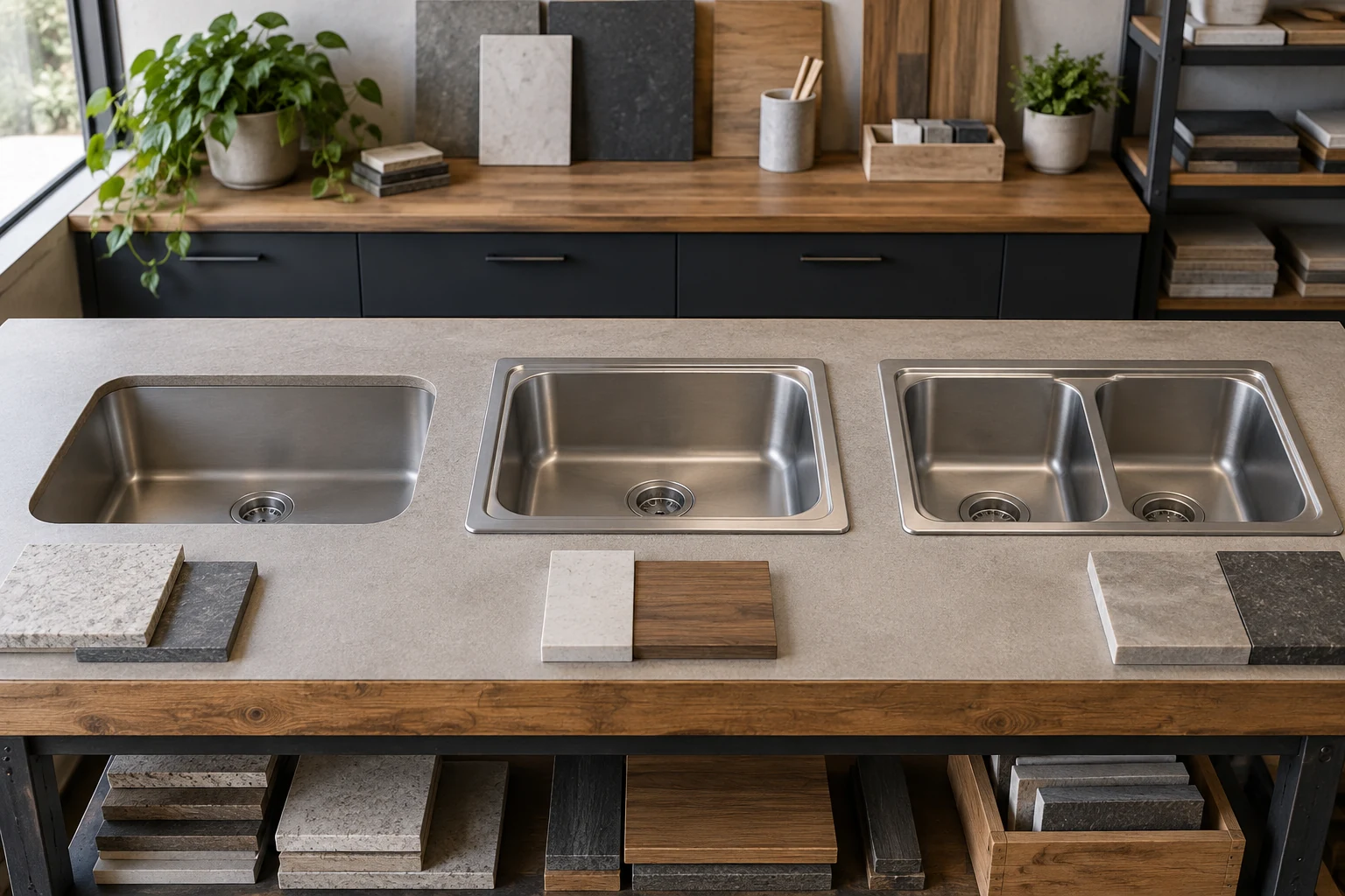 AI illustration of kitchen sink samples with different mounting styles and basin layouts.