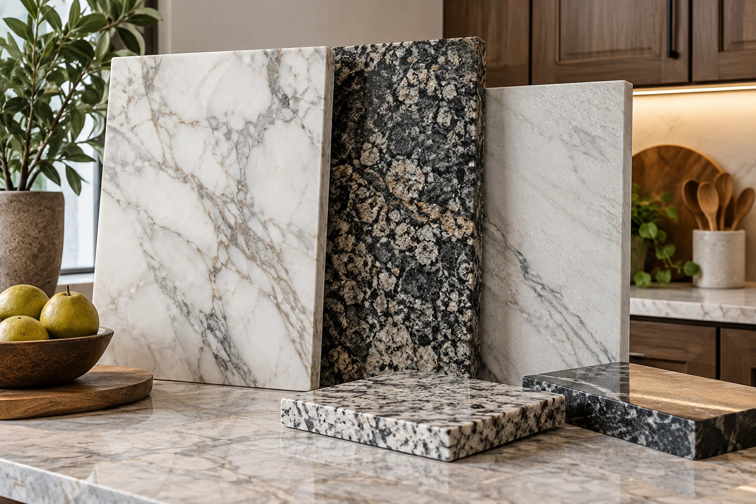 AI illustration of natural stone slabs with varied veining beside cabinetry.