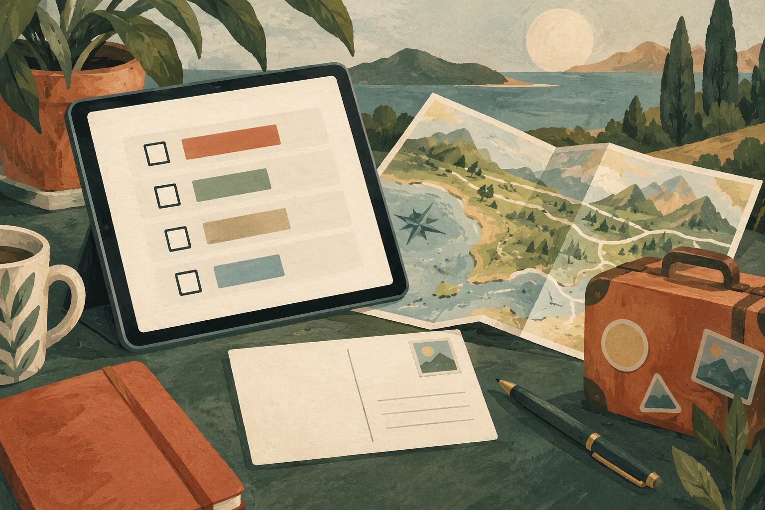 AI-generated editorial illustration of a generic travel-reader survey tablet and travel-planning objects. No actual place, event, venue or GBC project is depicted.