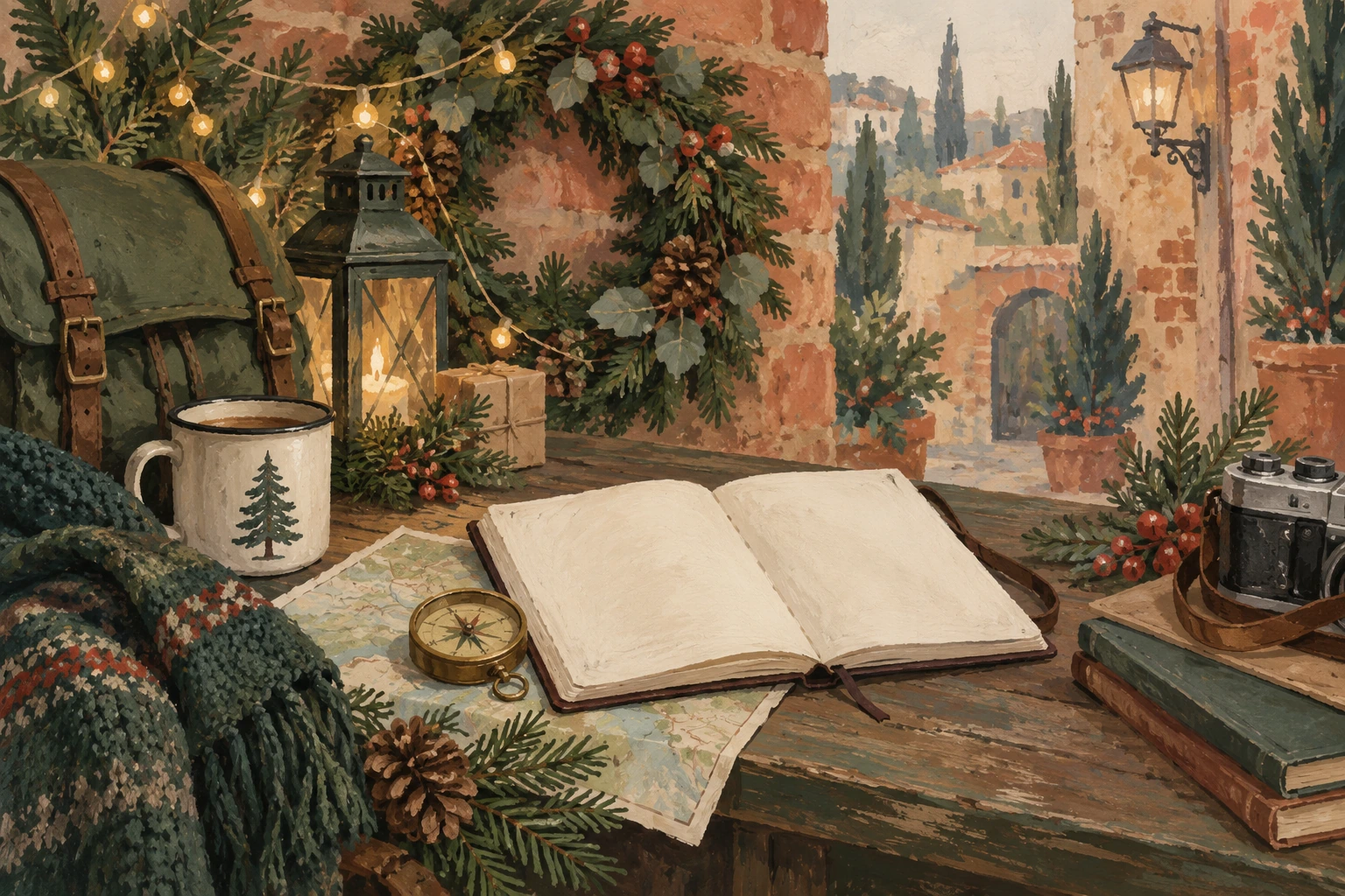 AI-generated editorial illustration of seasonal greenery and a blank travel journal in a fictional setting. No actual place, event, venue or GBC project is depicted.