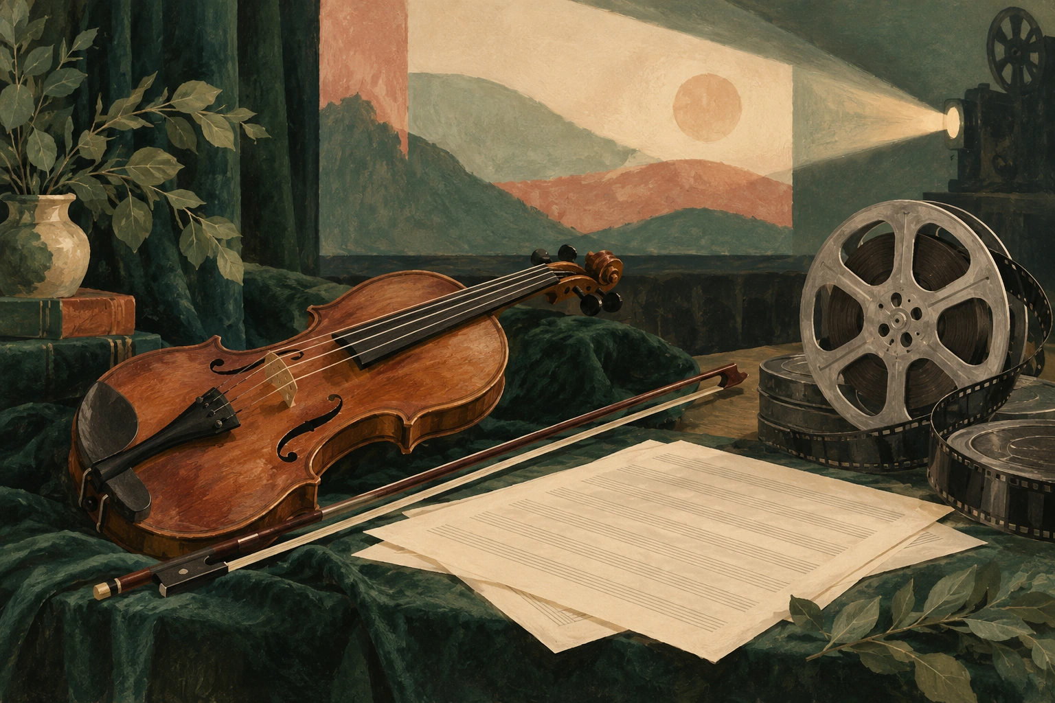 AI-generated editorial illustration of a violin and film reel representing music and cinema. No actual place, event, venue or GBC project is depicted.