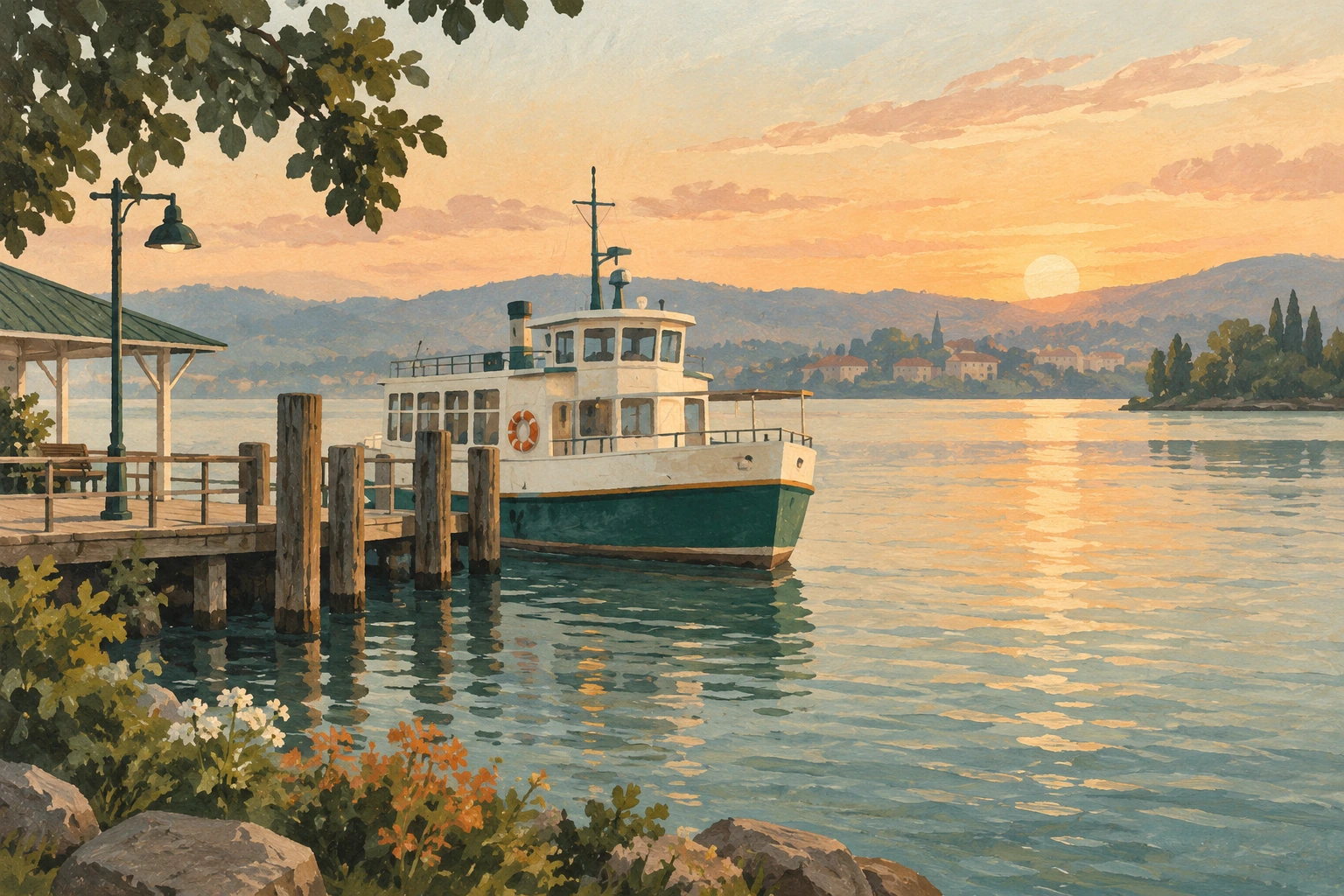AI-generated editorial illustration of a fictional passenger ferry and generic riverside pier. No actual place, event, venue or GBC project is depicted.