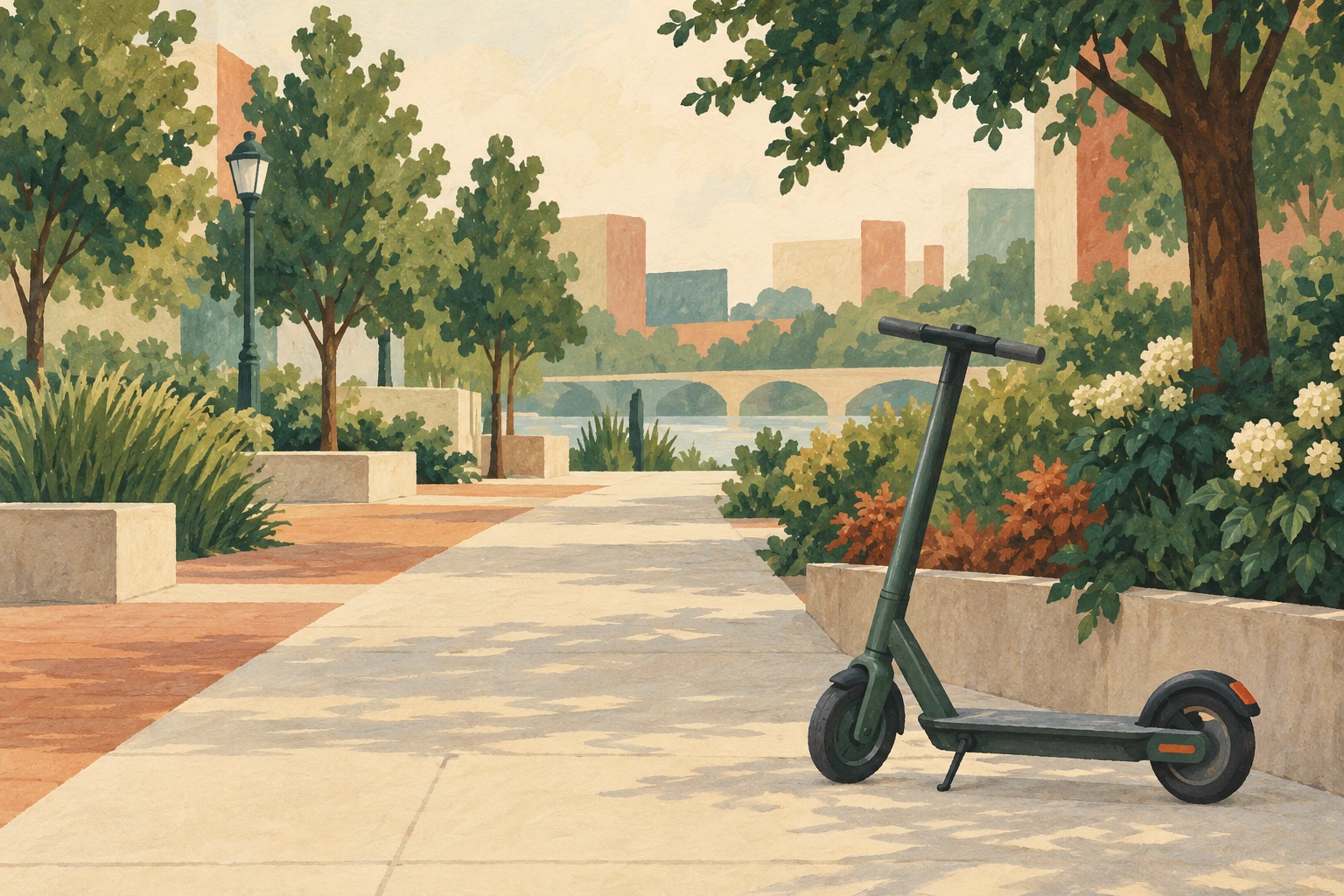 AI-generated editorial illustration of a fictional electric scooter beside a generic pedestrian walkway. No actual place, event, venue or GBC project is depicted.