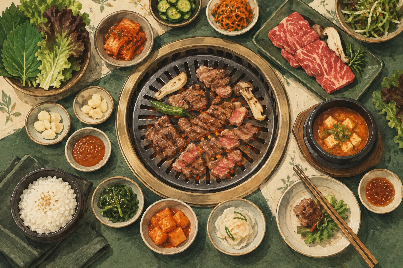 AI-generated editorial illustration of a generic Korean barbecue meal with a tabletop grill and side dishes. No actual place, event, venue or GBC project is depicted.