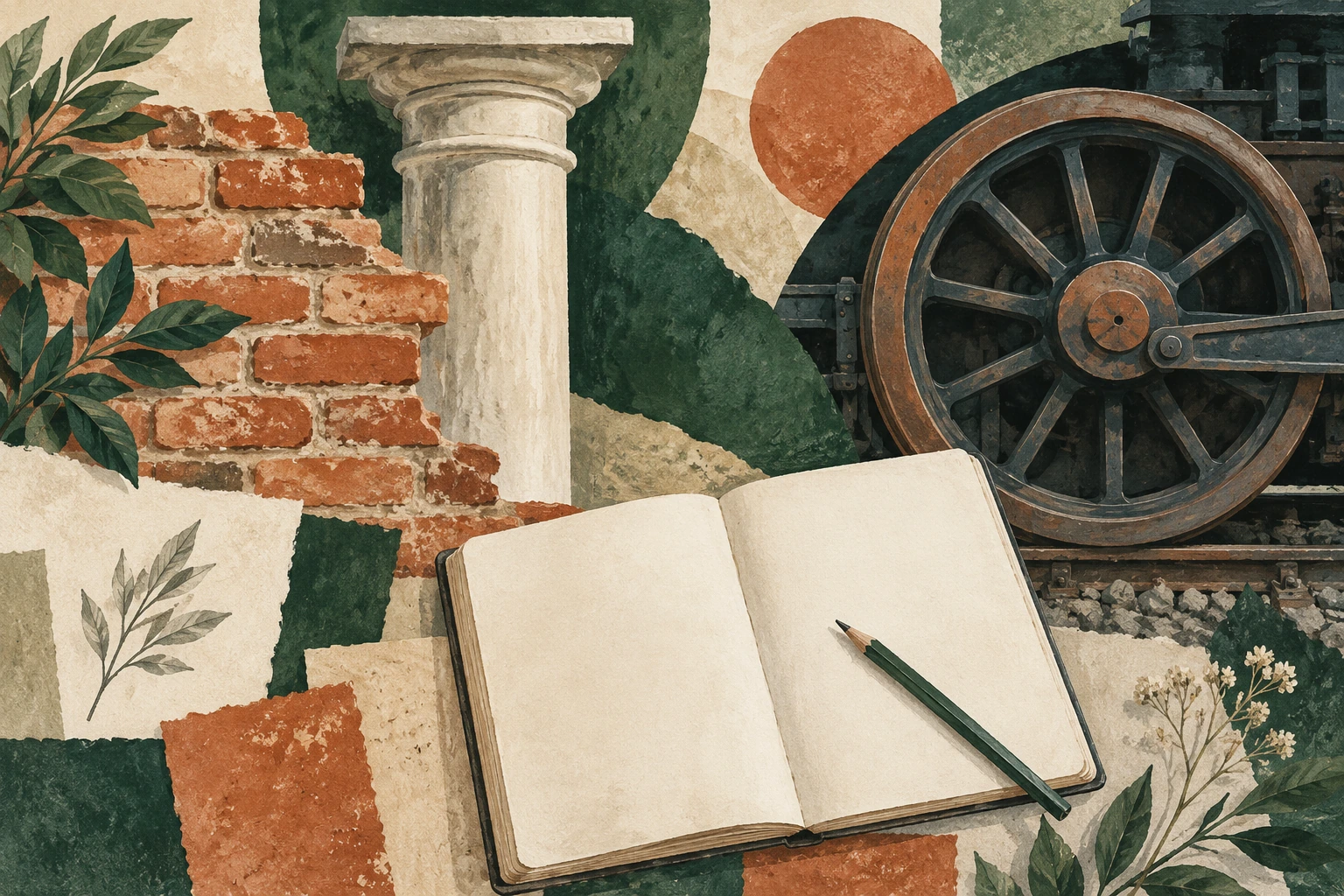 AI-generated editorial illustration of generic architectural heritage details and a railway wheel. No actual place, event, venue or GBC project is depicted.