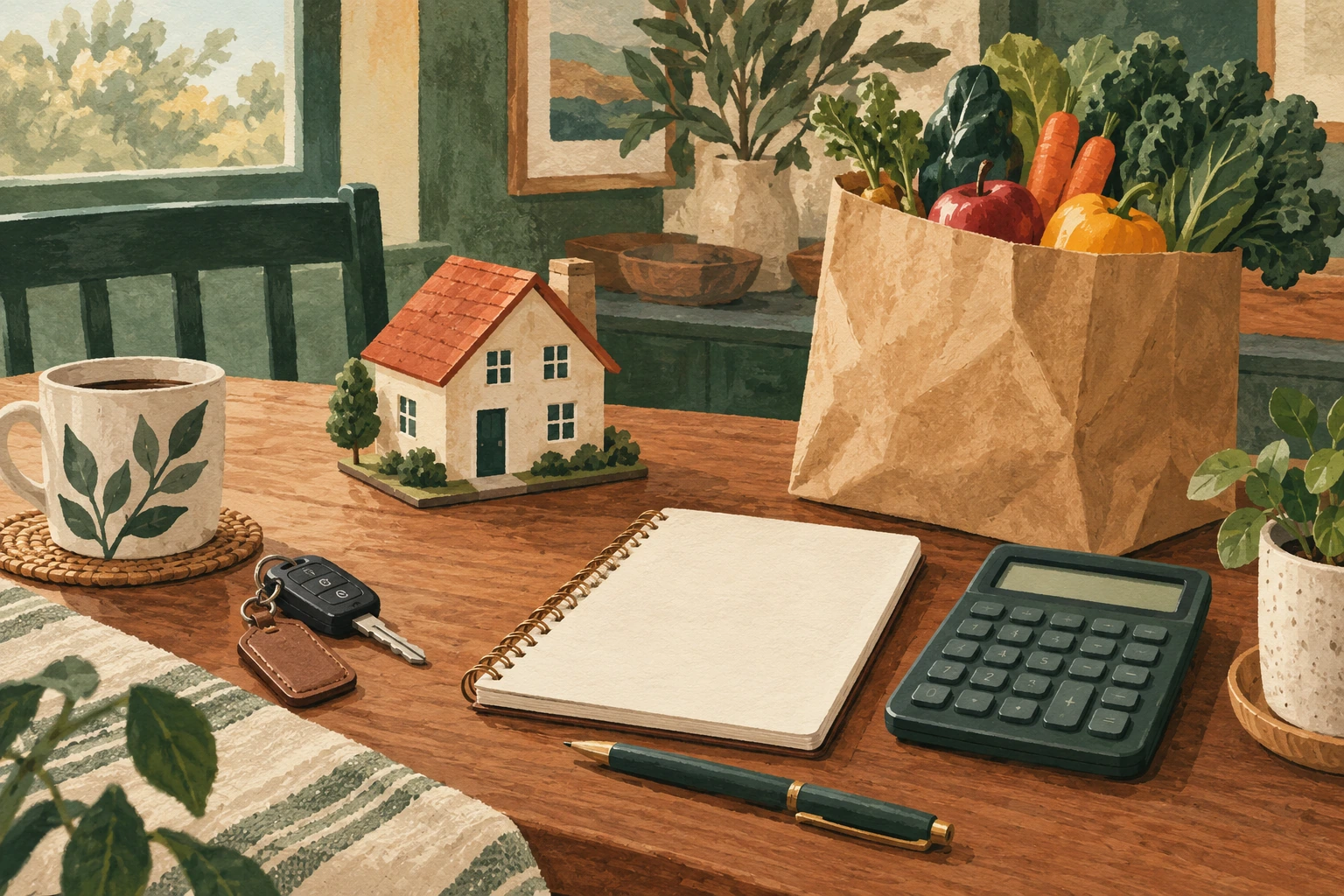 AI-generated editorial illustration of generic household-budget objects including a model house and groceries. No actual place, event, venue or GBC project is depicted.