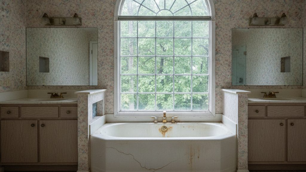 Before — the same bathroom, dated and worn before renovation