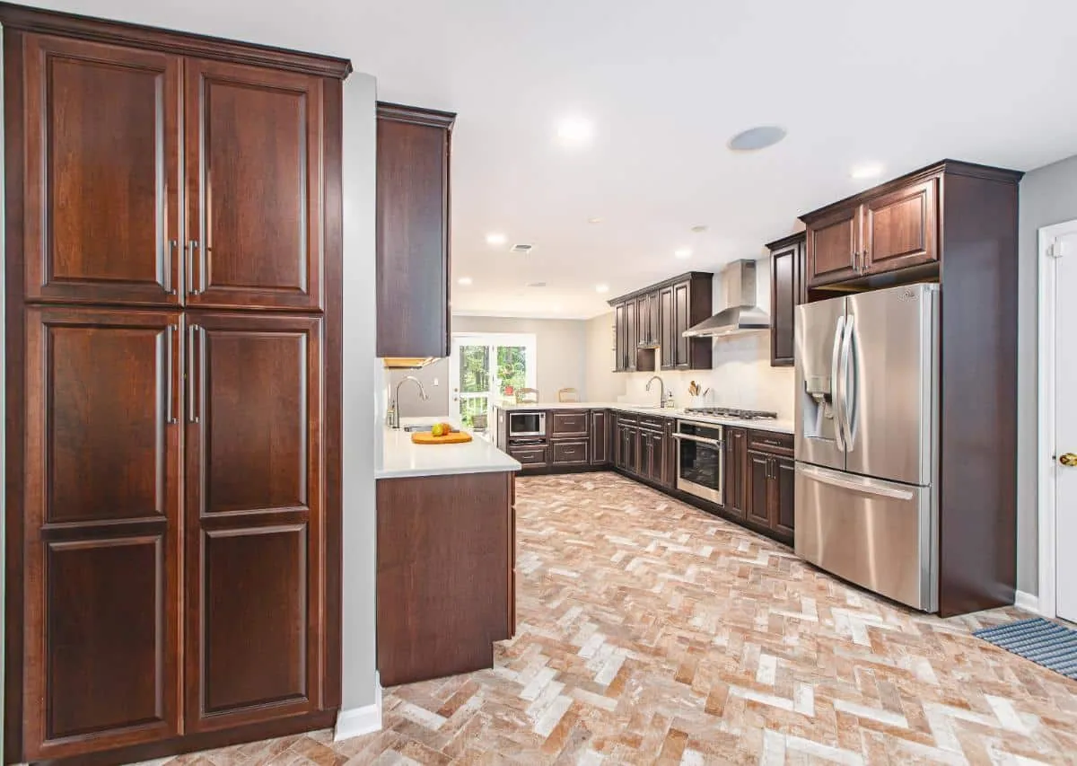 kitchen with herringbone tile design