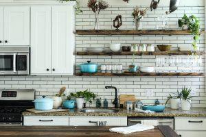 country kitchen with open shelves
