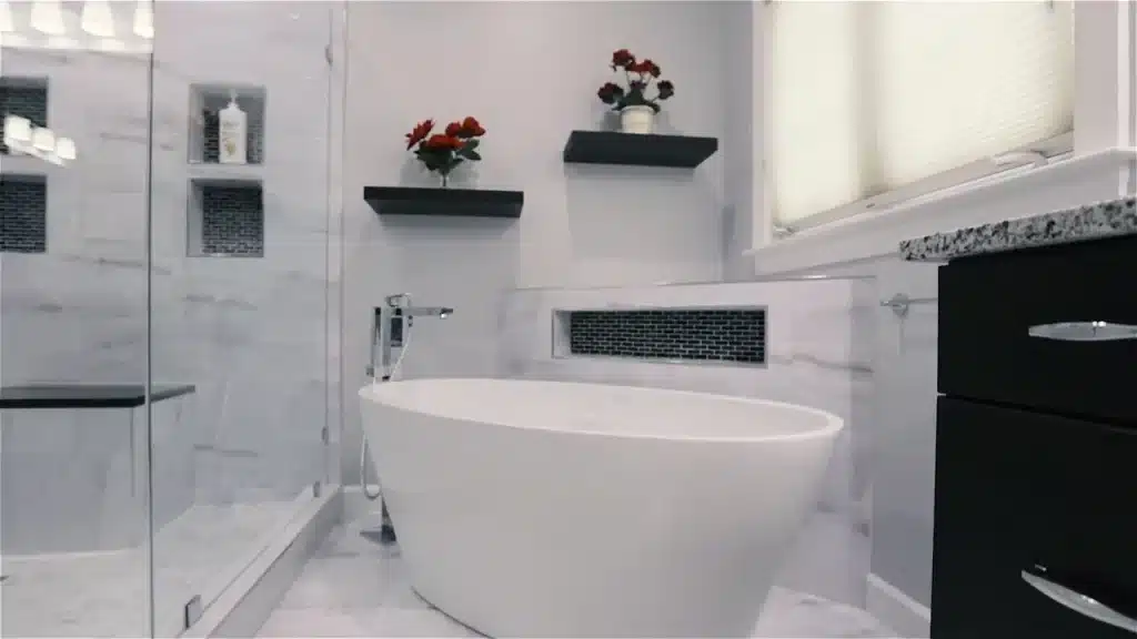 Bathroom Makeover Freestanding Bathtub Porcelain Tilework